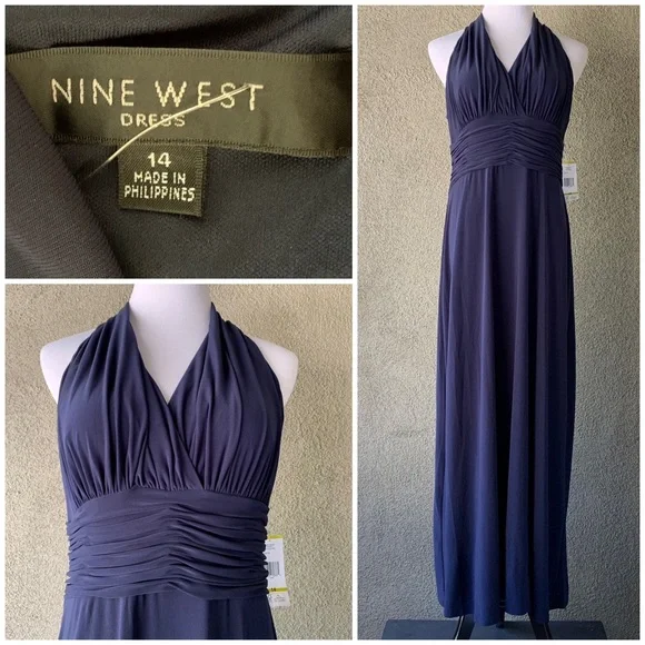 Nine West | Dresses | Nine West Navy Polyester Jersey Knit Halter Maxidress  Nwt Size 4 | Poshmark